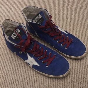 Blue High-Top Sneakers with Red Laces